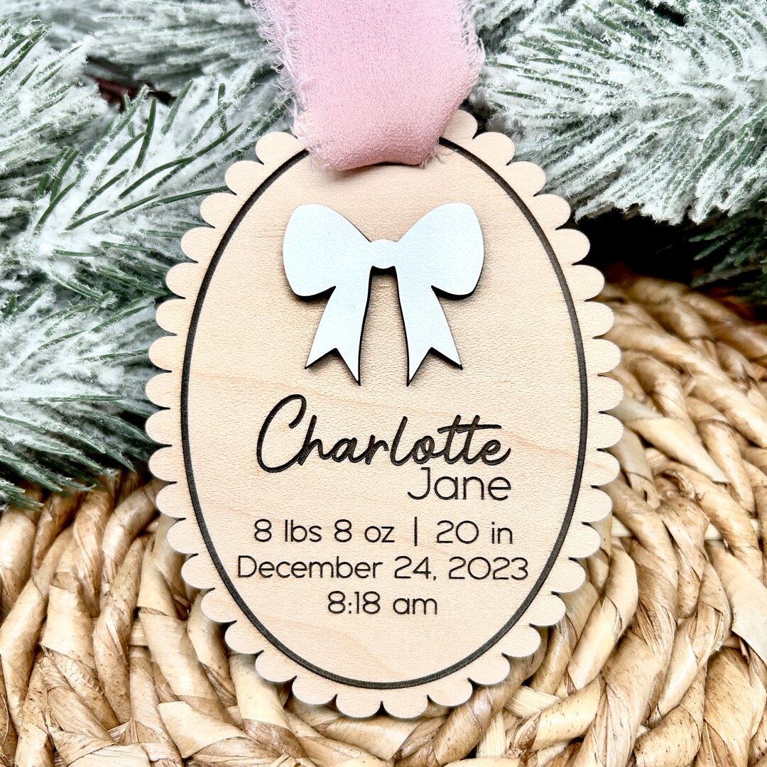 Bow Ornament, Baby Girl First Christmas Ornament, Coquette Ornament, Baby Girl Ornament, Baby Stats Ornament, New Baby Girl Gift, Scalloped